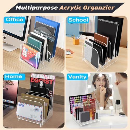 File Holder File Sorter, Vertical File Organizer for Desk, Desk Top File Folder Organizer Stand, Acrylic File Rack File Folder Holder, 5 Sections Clear File Stand for Office, School, Home