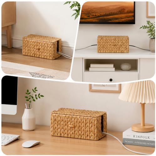 2 Pack Rattan Cable Management Box with Lid & 2 Side Open Slots