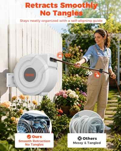 5/8 inch 100ft Retractable Garden Hose Reel with Any-Length Lock Slow Auto Rewind Heavy Duty Hose Reel With 9-Pattern Nozzle 180° Swivel Bracket UV Resistant Wall Mounted Hose Reel for Outside