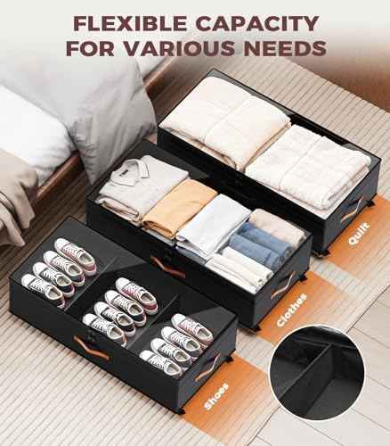 Under Bed Storage with Wheels, 35.5 inches Underbed Storage Large Capacity Under Bed Rolling Containers, 2 Pack Under the Bed Storage for Clothes, Shoes, Blankets (Deep Black)
