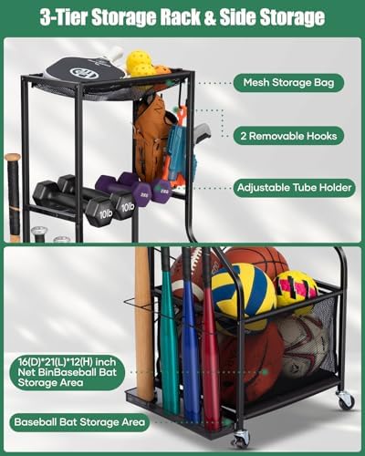 EXTCCT Garage Sports Equipment Organizer, Rolling Ball Storage Cart