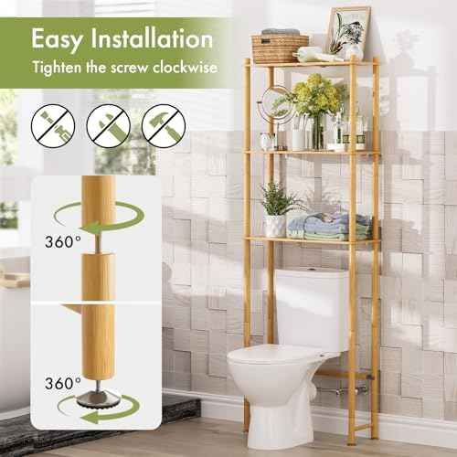 AmazerBath Bamboo Over The Toilet Storage Shelf, 3-Tier Bathroom Over Toilet Organizer Rack, Freestanding Above Toilet Shelf for Bathroom, Laundry, Space Saver, Natural Color