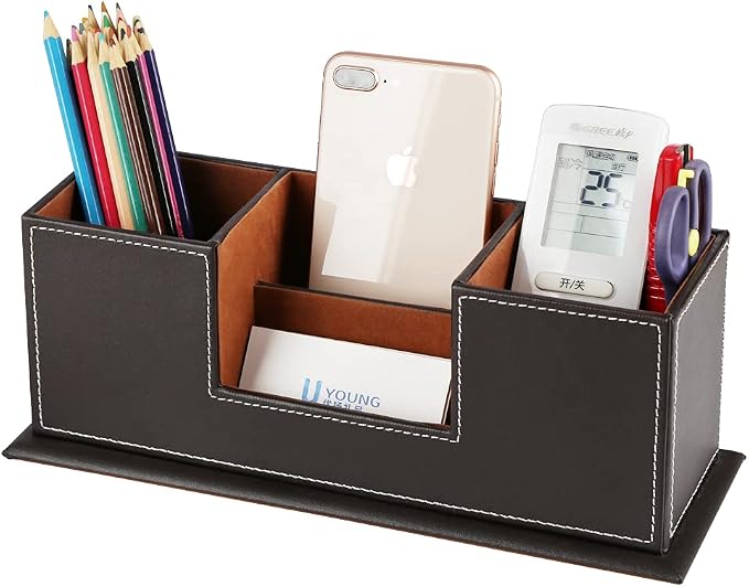 KINGFOM™ Double Holder Wood Leather Multi-Function Desk Stationery Organizer - Image 2
