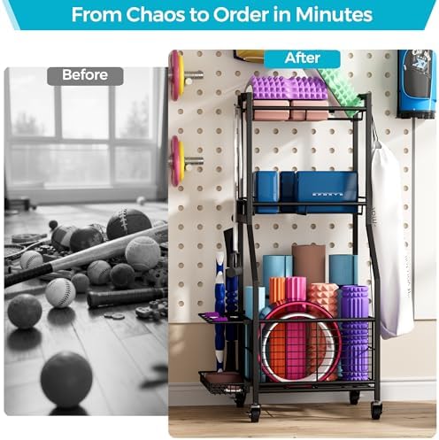 Sports Equipment Storage Rack with Wheels, 3-Tier Ball Organizer