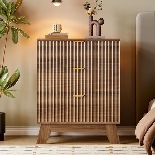 BORNOON Fluted 3 Drawer Dresser, 30.3" Tall Compact Modern Boho Chest