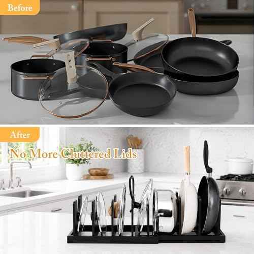 MinBoo Bamboo Expandable Pot Lid Organizer, Pot and Pan Organizer Drawer Organizer for Pot Lids, Adjustable 10 U-Shaped Dividers for Kitchen Cabinet Organizers and Storage,Black