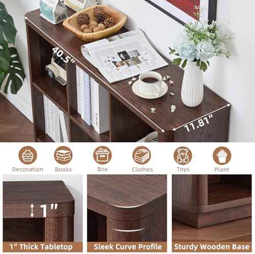 Joaxswe 9 Cube Bookshelf, 40.5" Wide Organizer Bookcase with Curved Edge, Wood Floor Standing 3-Tier Cubby Book Shelf with Base, Vintage Display Storage Cabinet for Living Room, Home Office, Walnut