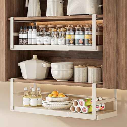Expandable Under Cabinet Shelf, Hanging Under Shelf Storage Basket,Adjustable Under Cabinet Add-on Storage Racks Slide-in Baskets Organizer for Laundry Room Kitchen Bookshelf White L