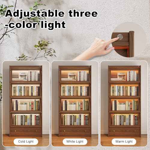 AQIMUELE Solid Wood Bookcase - 5-Tier Book case with 3 Color LED