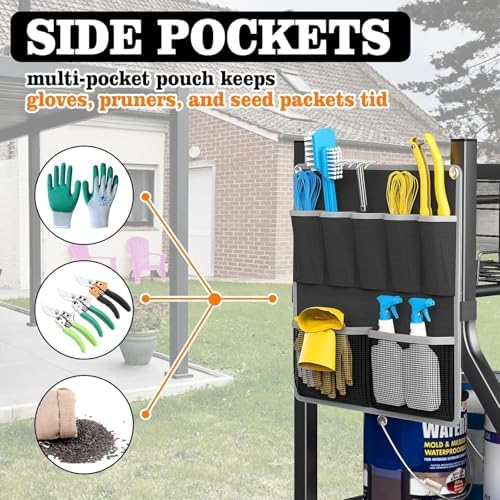 36" Large Garden Tool Organizer with Wheels & Side Tool Bag, 3 Tier Rolling Garage Storage Rack for Long Handled Rakes, Shovels, Brooms, Freestanding Yard Tools Cart for Shed & Outdoors
