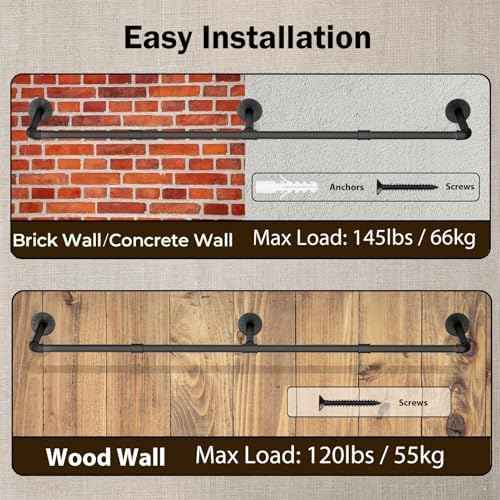 Wall Mounted Clothes Rack, 60in Industrial Pipe Clothing Rack for Hanging Clothes, Heavy Duty Garment Rack Wall, Space-Saving Bar, Multi-Purpose Hanging Rod for Laundry Room, Bedroom, 1 Pack