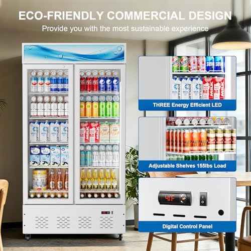 30 Cu.ft White Commercial Display Refrigerator,Glass Door Cooler Beverage Refrigerators with LED Light and 10 Shelves