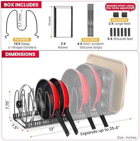 Better Things Home 7.5” Wide 12-Slot Adjustable Large Pan and Pot Lid Organizer with Scratch-Free Pads, Expandable Pot Lid Holder Rack for Cabinet, Pots and Pans Organizer Inside Cabinet