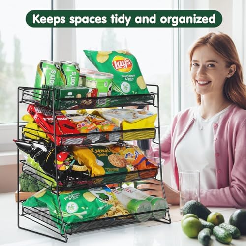 4-Tier Black Stackable Candy Display Rack, Snack Organizer for Countertop, Stores, Offices with 24 Signs and 60 Labels（Metal Mesh Plate） (Black-2 Pack)