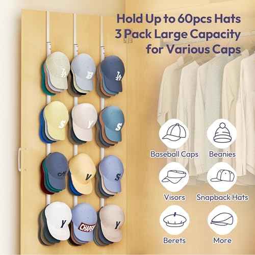 SWTYMIKI Over Door Hat Organizer - 3 Packs Metal Hanging Hat Rack with