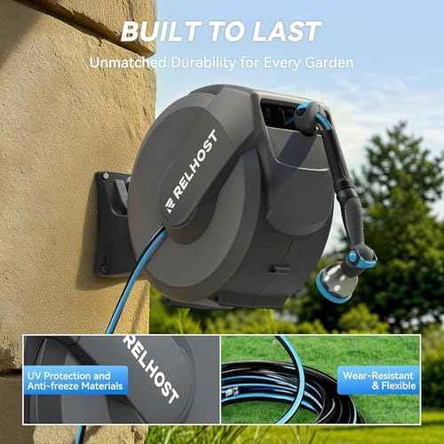 Retractable Garden Hose Reel, 1/2 in x 120 ft Wall Mount Heavy Duty Hose Reel with Any-Length Lock, Auto Rewind System, 180° Swivel Bracket, and 10-Pattern Nozzle for Garden, Dark Grey