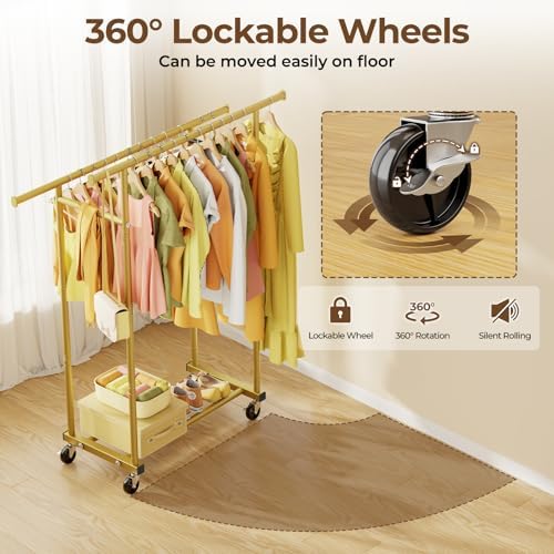 HYSEYY Double Rods Clothes Rack, Sturdy Rolling Clothing Rack, Portable Clothing Racks for Hanging Clothes - Metal Garment Rack Wardrobe Coat Rack for Bedroom Laundry Living Room, Gold