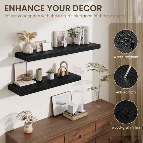 Fun Memories Floating Shelves for Wall, 40 Inch Floating Shelf for Home Decor, Wall Mounted Rustic Wood Shelves 12 Inch Deep, Hanging Deep Shelf for Bedroom, Living Room, Kitchen, Black, Set of 2
