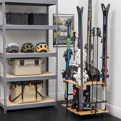 Teal Triangle Ski Storage Rack for Garage - Freestanding Ski Holders for 4 Pairs of Skis, Ski Boot, Poles, Helmet and More, Heavy Duty Steel Floor Stand Ski Organizer for Garage Basement