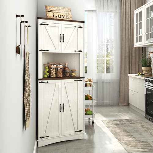 Hlivelood 68" Tall Farmhouse Corner Cabinet, 5-Tier Large Storage Cabinet with 4 Barn Doors & Adjustable Shelves, Bathroom Cabinets with Storage for Living Room, Kitchen, Bathroom, Rustic White