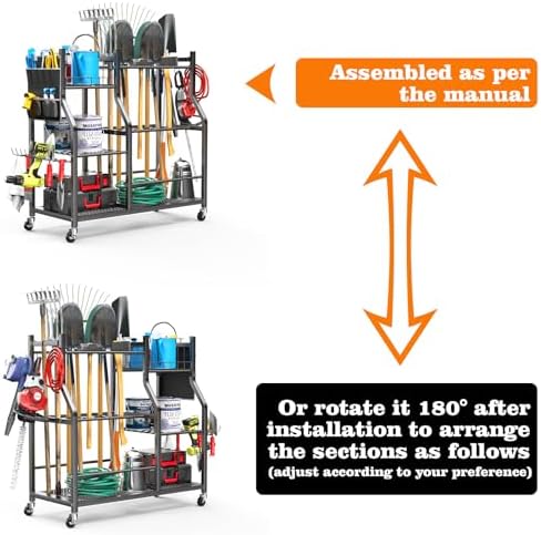 36" Large Garden Tool Organizer with Wheels & Side Tool Bag, 3 Tier Rolling Garage Storage Rack for Long Handled Rakes, Shovels, Brooms, Freestanding Yard Tools Cart for Shed & Outdoors