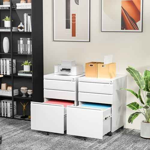 INTERGREAT 3 Drawer Filing Cabinet with Lock, White Mobile File Cabinet with Wheels, Rolling Small Metal Cabinets Under Desk for Home Office, Assembled