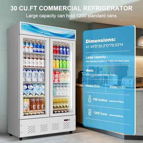 30 Cu.ft White Commercial Display Refrigerator,Glass Door Cooler Beverage Refrigerators with LED Light and 10 Shelves