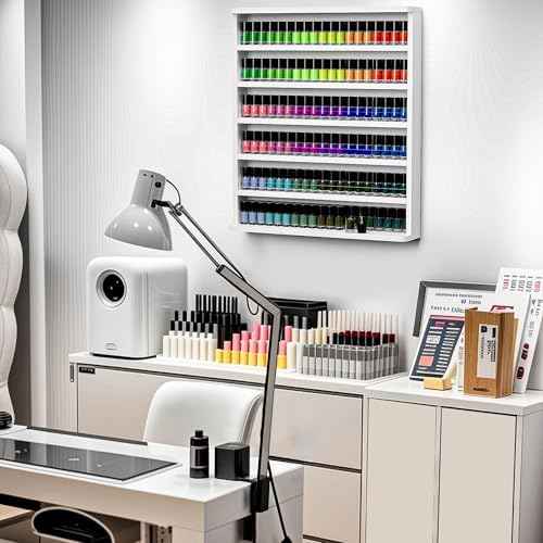 Kikihouse Wood Nail Polish Rack, Wall Mount Nail Polish Organizer, 6 Layers Nail Salon Storage Display Shelves Perfume Bottles Essential Oil Holder w/Acrylic Baffle, White