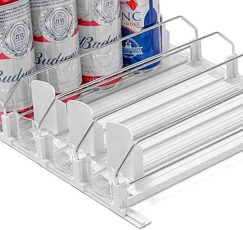 Drink Organizer for Fridge, Self-Pushing Soda Can Organizer for Counter Refrigerator, Width Adjustable Pusher Glide, White, 12”depth-5rows