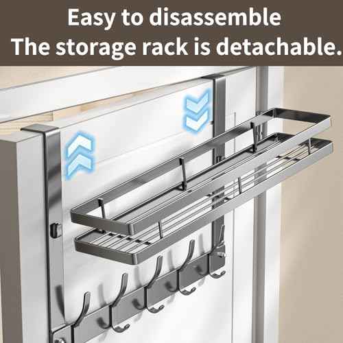 Over The Door Hooks Organizer, Coat Rack Over The Door Storage Hanger Towel Rack with Mesh Baskets and 10 Hooks, Back of Door Storage Organizer for Bathroom, Bedroom, Kitchen, Office (Grey)