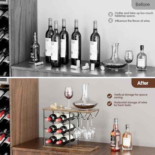 Nuovoware Wine Racks Countertop, Wine Bottle Holder for 6 Bottles & 4 Glasses Holder, Metal Wine Storage Organizer for Kitchen, Bar, Table, Cabinet, Wine Cellar, Wooden