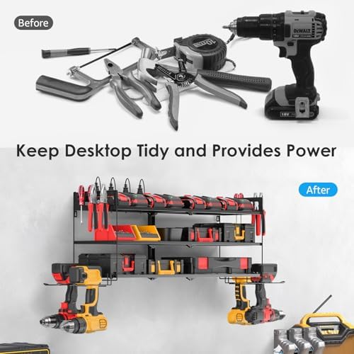 CCCEI Large Garage Tools Storage with Charging Station. Power Tool Battery Organizer Utility Shelf with Power Strip. 4 Drills Holder Wall Mount Rack, Black 3 Layer.