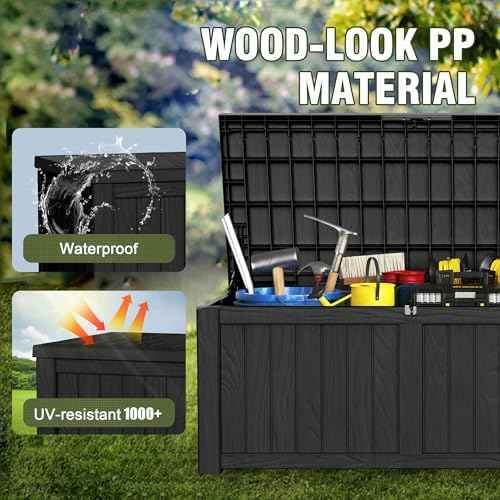 150 Gallon Resin Large Deck Box Organization and Storage Box for Patio, Outdoor Cushions, Garden Tools, Black | Hydraulic Pistons, Resin, Weatherproof