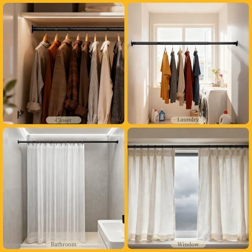 No Drilling Closet Rod, Adjustable Black Closet Rod, 28-98 Inches Closet Tension Rods for Hanging Clothes for Wardrobes, Closet, Laundry & Bathroom