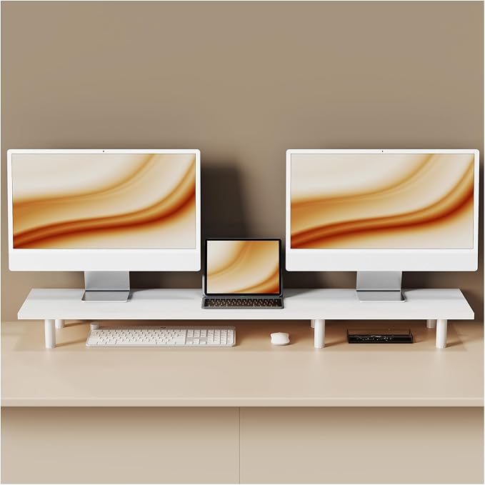 Large Dual Monitor Stand Riser 43.3IN，White Home Office Storage by WEGASTU