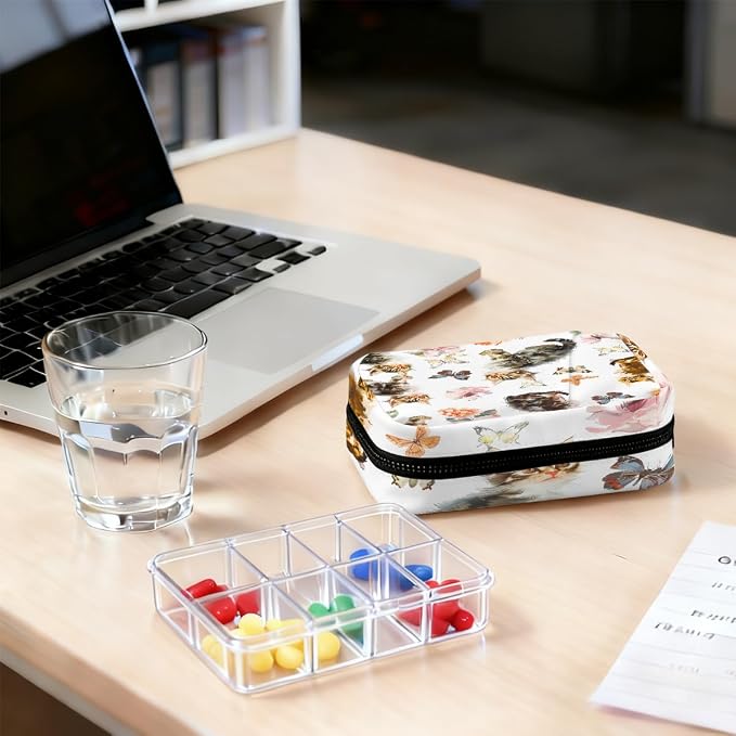 Watercolor Cute Cats Butterflies Pill Organizer Travel Medicine Case - Image 7