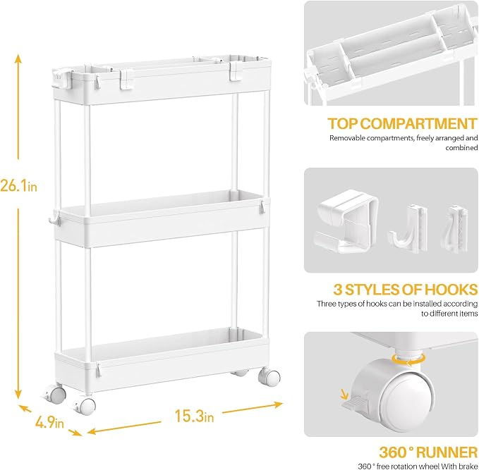 SPACELEAD Slim Storage Cart 3 Tier, Bathroom Organizer Rolling Utility - Image 4