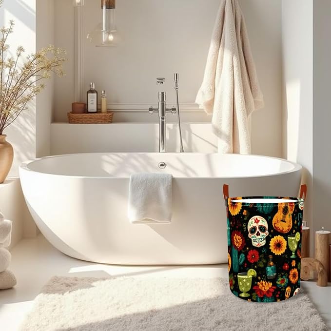 Laundry Baskets 15.7x19.7 Inch Day of the Dead Skull Guitar Cocktail Design - Image 6
