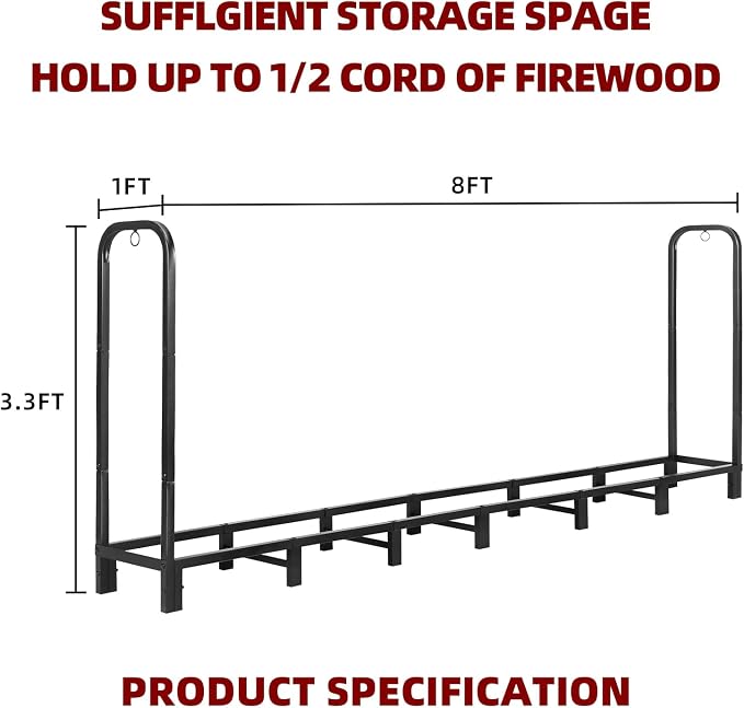 8FT Firewood Rack Holder, Heavy Duty Firewood Storage Log Rack - Image 3