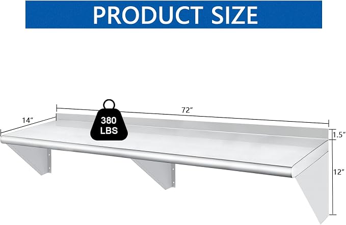 HARDURA Stainless Steel Shelf 14" x 72", 352lb Commercial Shelves Wall Mount - Image 3
