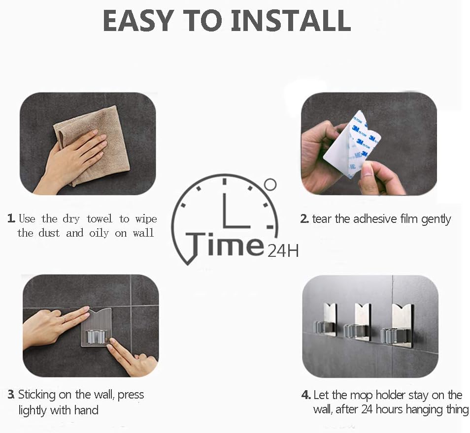 HANZE Stainless Steel Mop Broom Holder Organizer, Self Adhesive Wall
