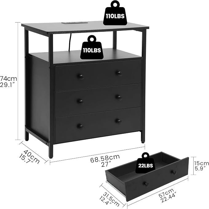 3 Wooden Drawers Night Stand, 27 Inch Wide Nightstand - Image 3