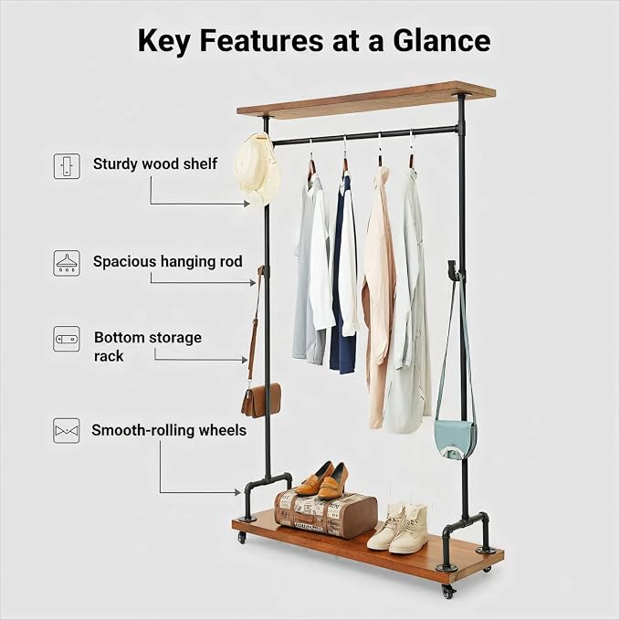 Industrial Pipe Clothing Racks, Rolling Garment Racks, Hall Tree on Lockable - Image 6