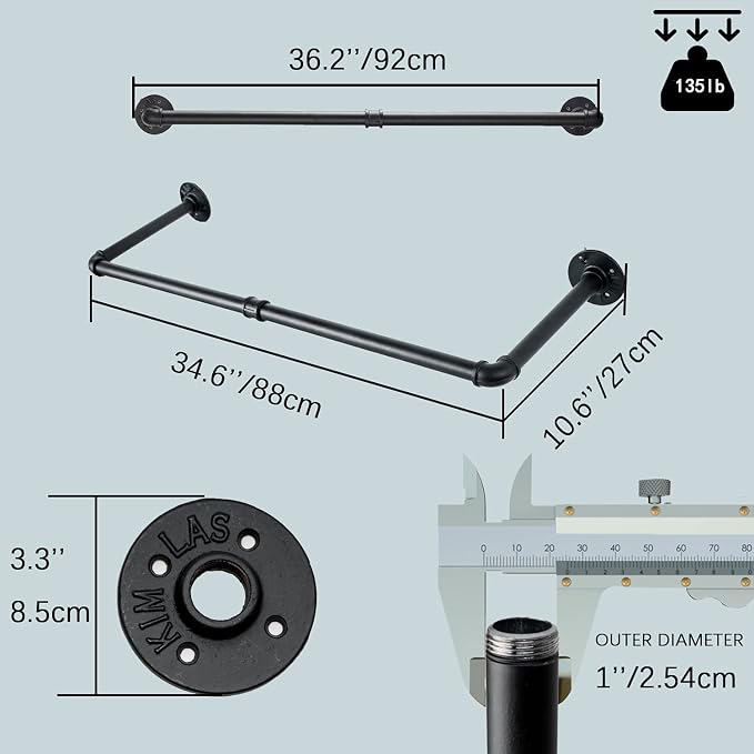 Clothes Rack Wall Mount with 3 Hooks, Industrial Pipe Clothes Rod, Heavy Duty - Image 4