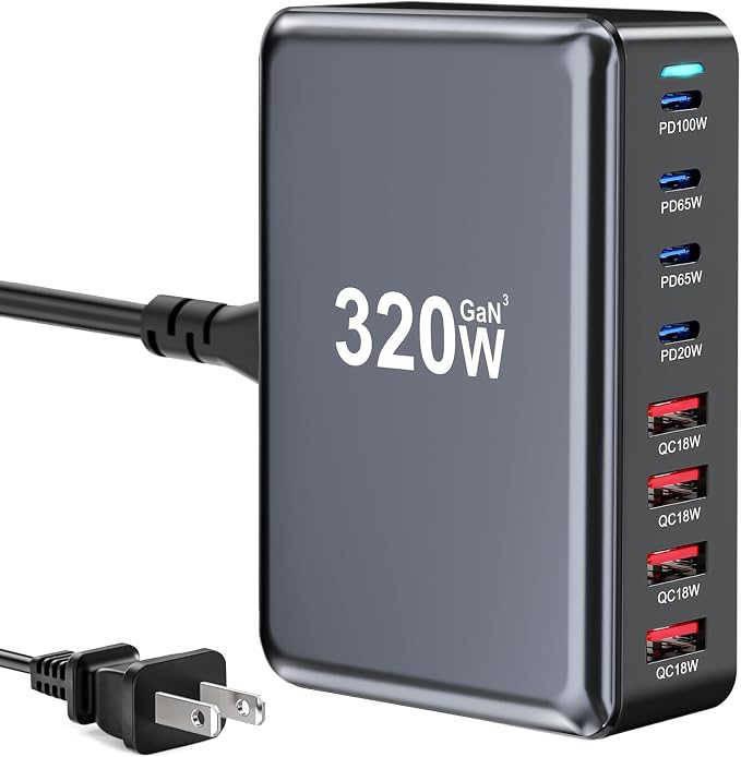 320W USB C Fast Charger Block, 8 Port USB Charging Station, GaN Ⅲ Pro 100W PD by LMSEP