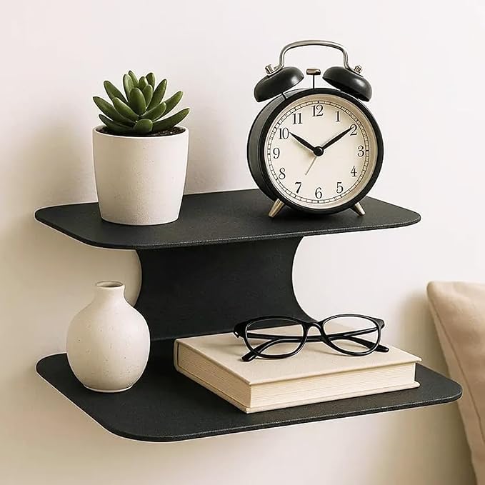 Simple Metal Floating Nightstands Set of 2, Wall Mounted Black Bedside Shelf by Unknown
