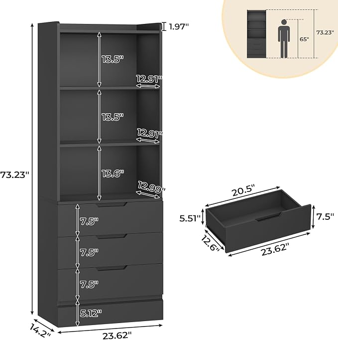 DICTAC Bookcase Set of 2 with 3 Drawers 73.23'' Bookshelf Storage Cabinets with - Image 3