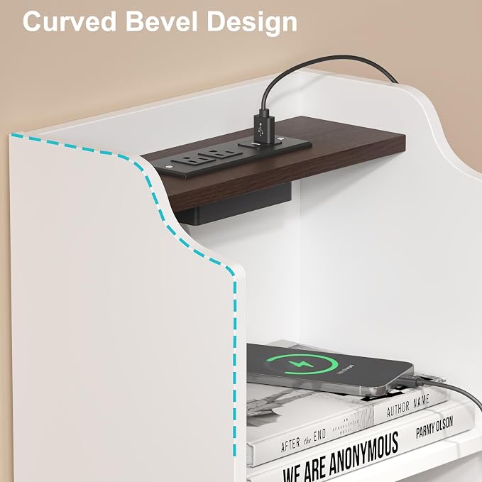 Tall Nightstand with Charging Station, Narrow Side Table with Bookshelf - Image 7