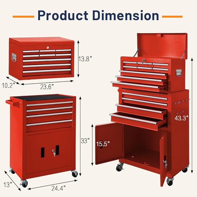 13-Drawer Double Door Rolling Tool Chest, 2 in 1 Detachable Tool Chest - Image 3
