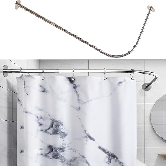 Corner Shower Curtain Rod Adjustable Stainless Steel L Shaped Rack Drill Free by Tanxih